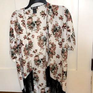 Flowered skull fringe kimono swim suit cover up